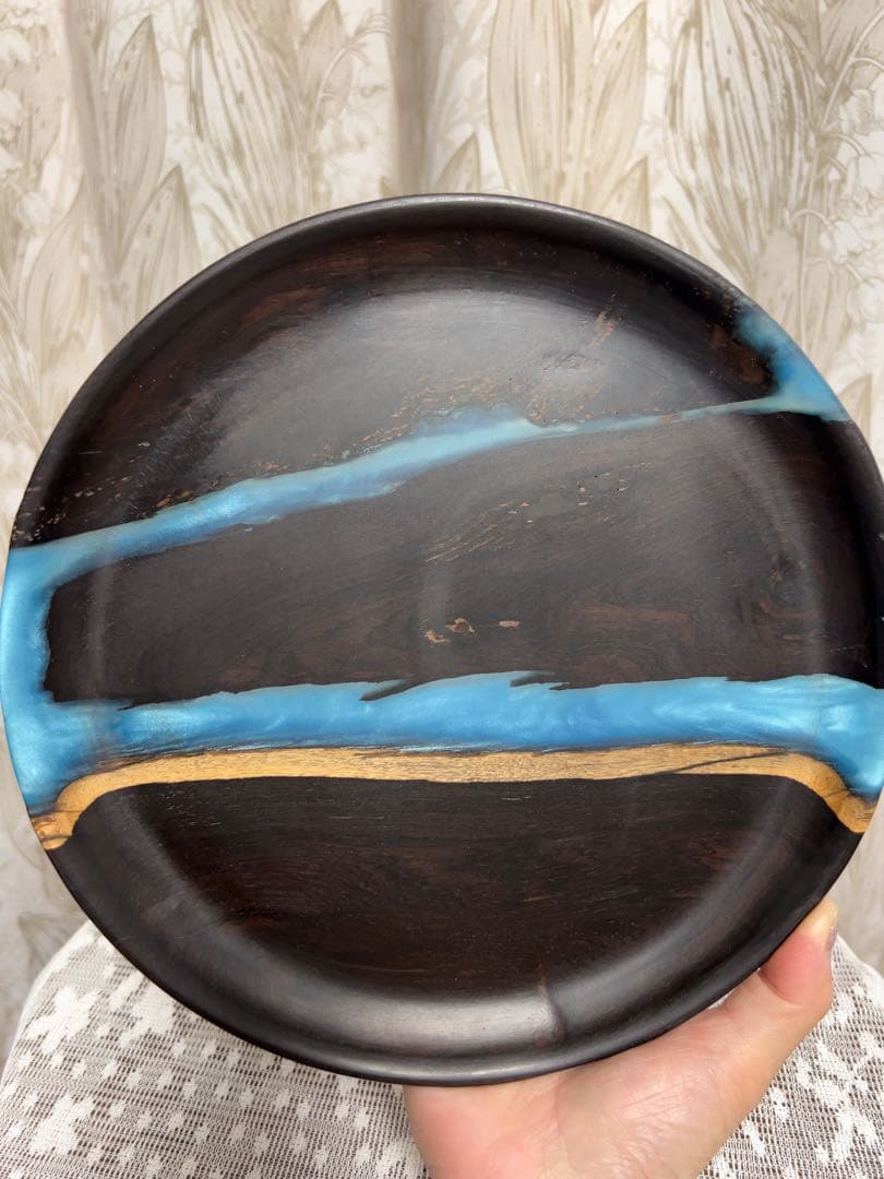 天然胡桃の木とレジン（樹脂）融合美、木製アートお茶盤プレートと花瓶3点セット