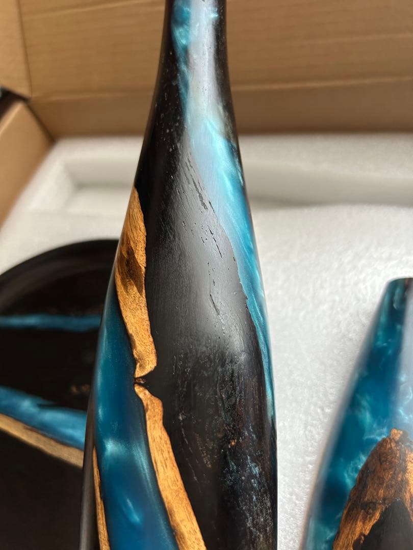 天然胡桃の木とレジン（樹脂）融合美、木製アートお茶盤プレートと花瓶3点セット