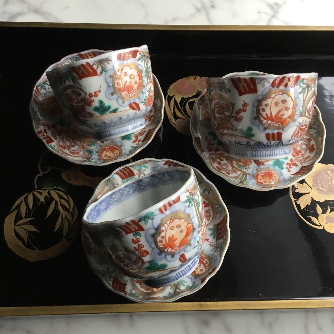 江戸後期　古伊万里　松竹梅に蝶紋様　お茶セット（小皿と蕎麦猪口）3セット