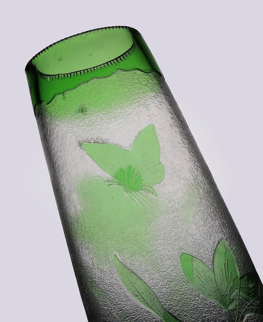 オールド・バカラ 1880年頃美術館級 緑色被せ硝子 特大アシッドエッチング花瓶