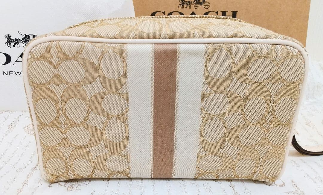 COACH コーチ シグネチャー ベージュ コスメポーチ 保存袋・箱付き