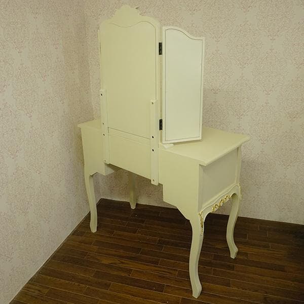 底値！ クラシック三面鏡 鏡台　アイボリーゴールド　長い瓶も収納可　ロココ調