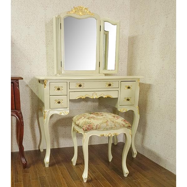 底値！ クラシック三面鏡 鏡台　アイボリーゴールド　長い瓶も収納可　ロココ調