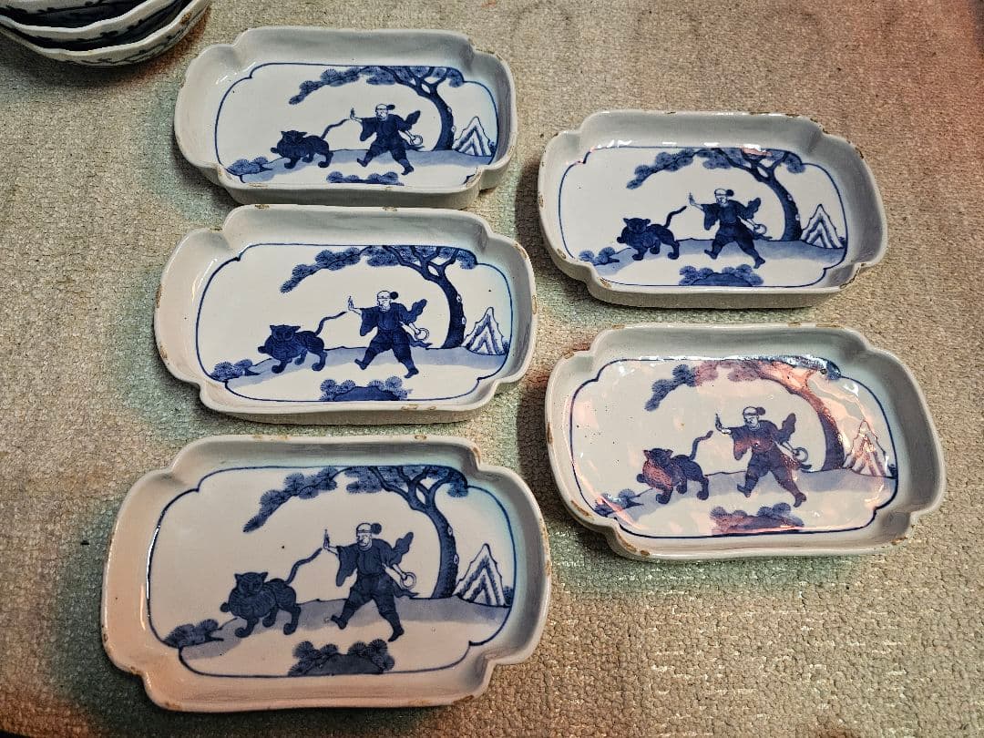 明治 古伊万里？ 京焼？ 古染付け写し 懐石用 虎に人 5客セット＋4客合計9客