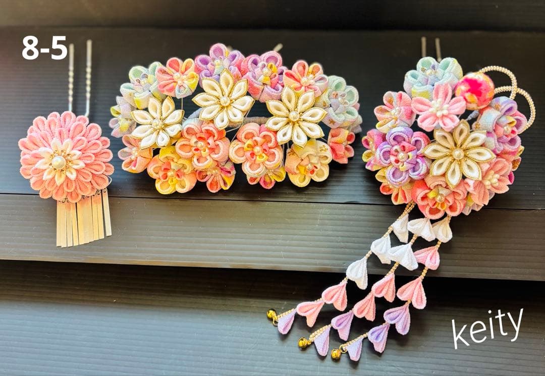 七五三髪飾りセット つまみ細工 パステルカラー 桜色×白色