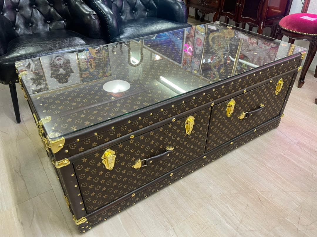 センターテーブル　モノグラム　トランク　テーブル　ガラス天板　引出し　収納　BR