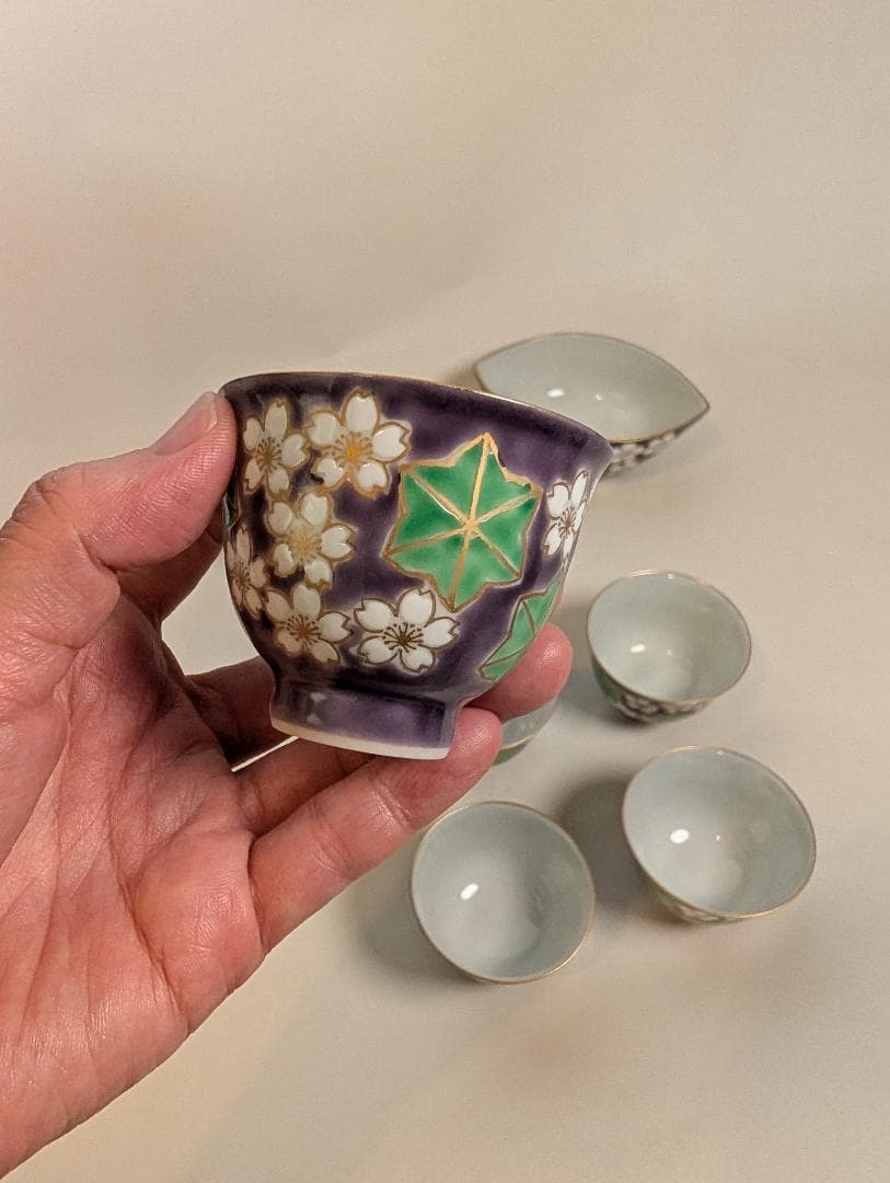 平安　清水焼　清川吉兆作　紫雲錦　宝瓶・湯冷し・煎茶椀5客 箱入り 煎茶道具