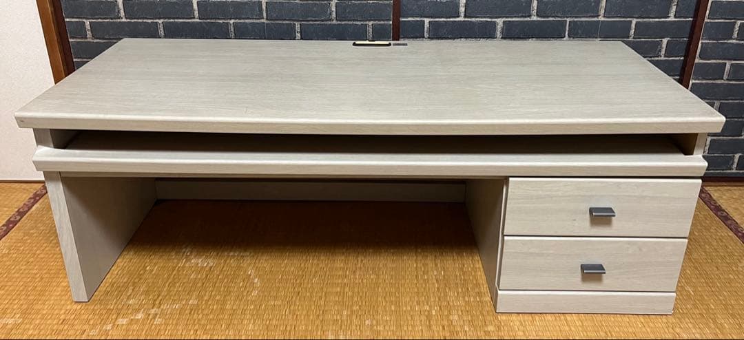 ①机 在宅勤務 省スペース ローテーブル pcデスク 木目シート貼り 引出し2段