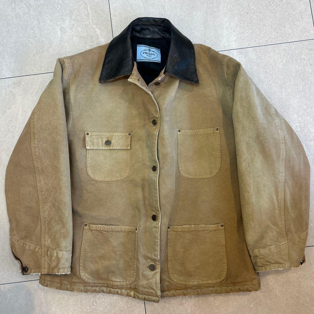 プラダ　ボンバー 三角ロゴレザーヴィンテージ加工キャンバスジャケット