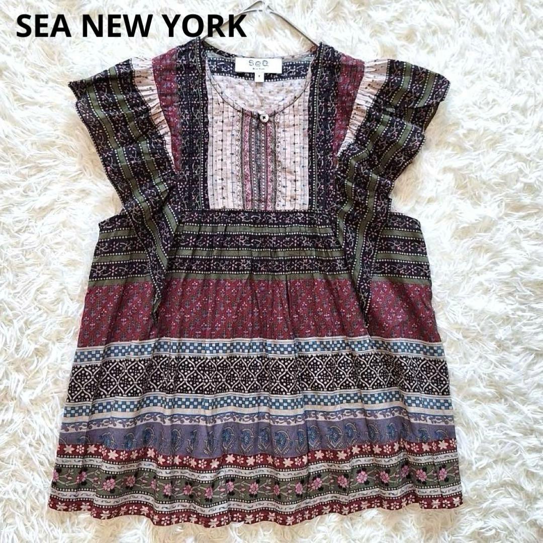 美品✨シーニューヨーク 総柄半袖ブラウス マルチカラー ピンタック コットン