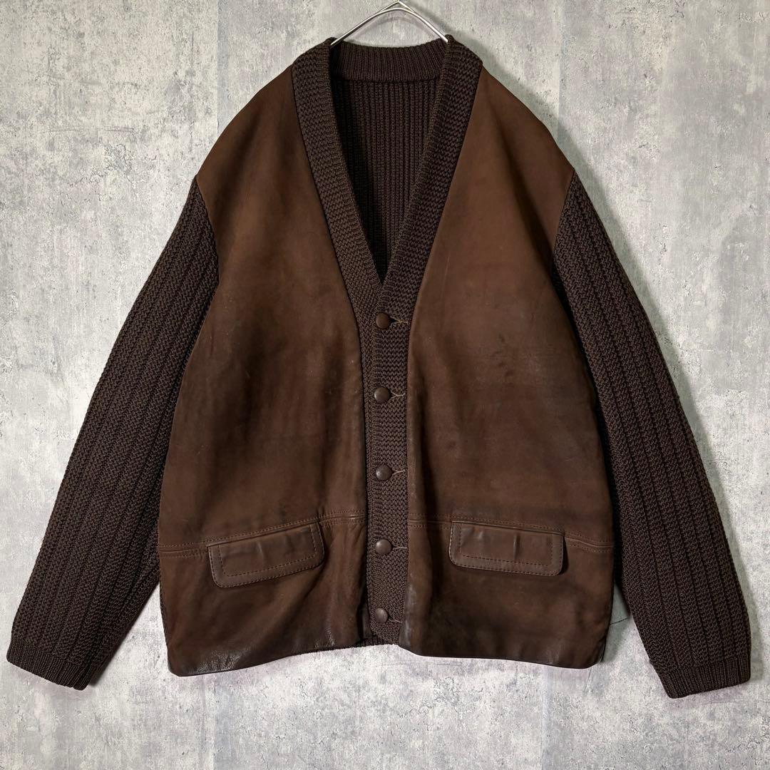 ユーロヴィンテージ レザー ニット 切替 ジャケット カーディガン 茶色 ドイツ