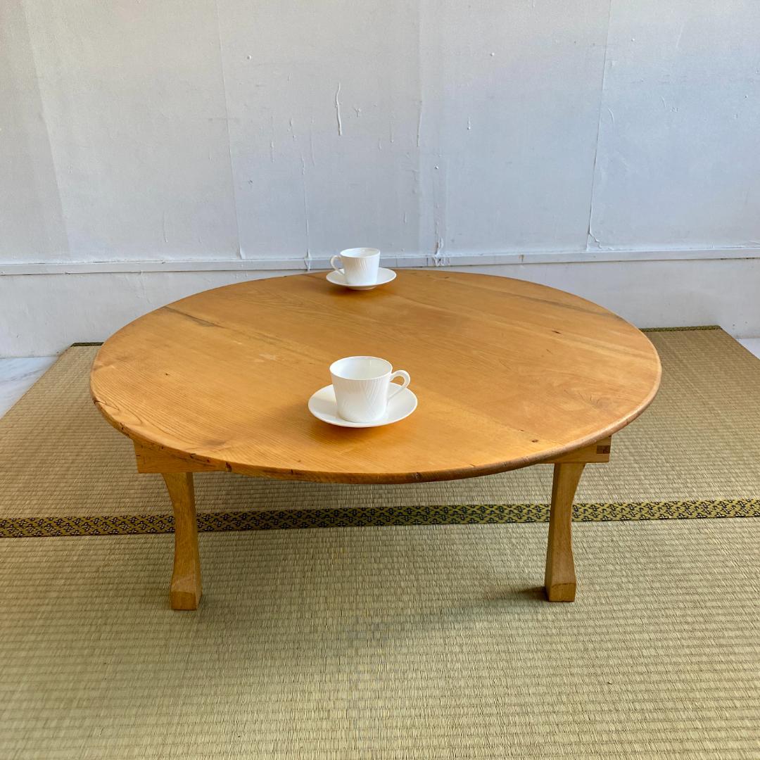 昭和レトロ ちゃぶ台 直径87cm 無塗装 無垢材 建具屋製 折りたたみ ④
