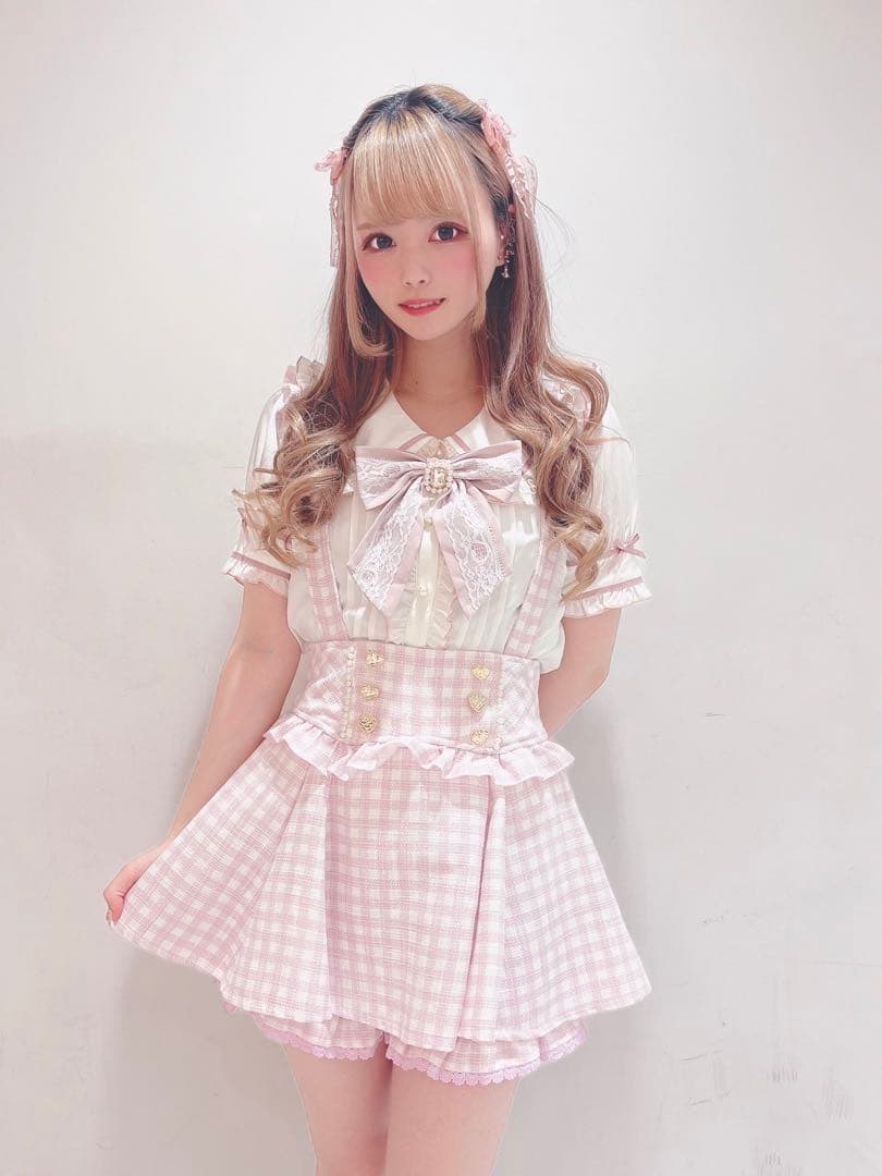 ♡LIZLISA ギンガムツイードサスペンダー付きスカパン ピンク