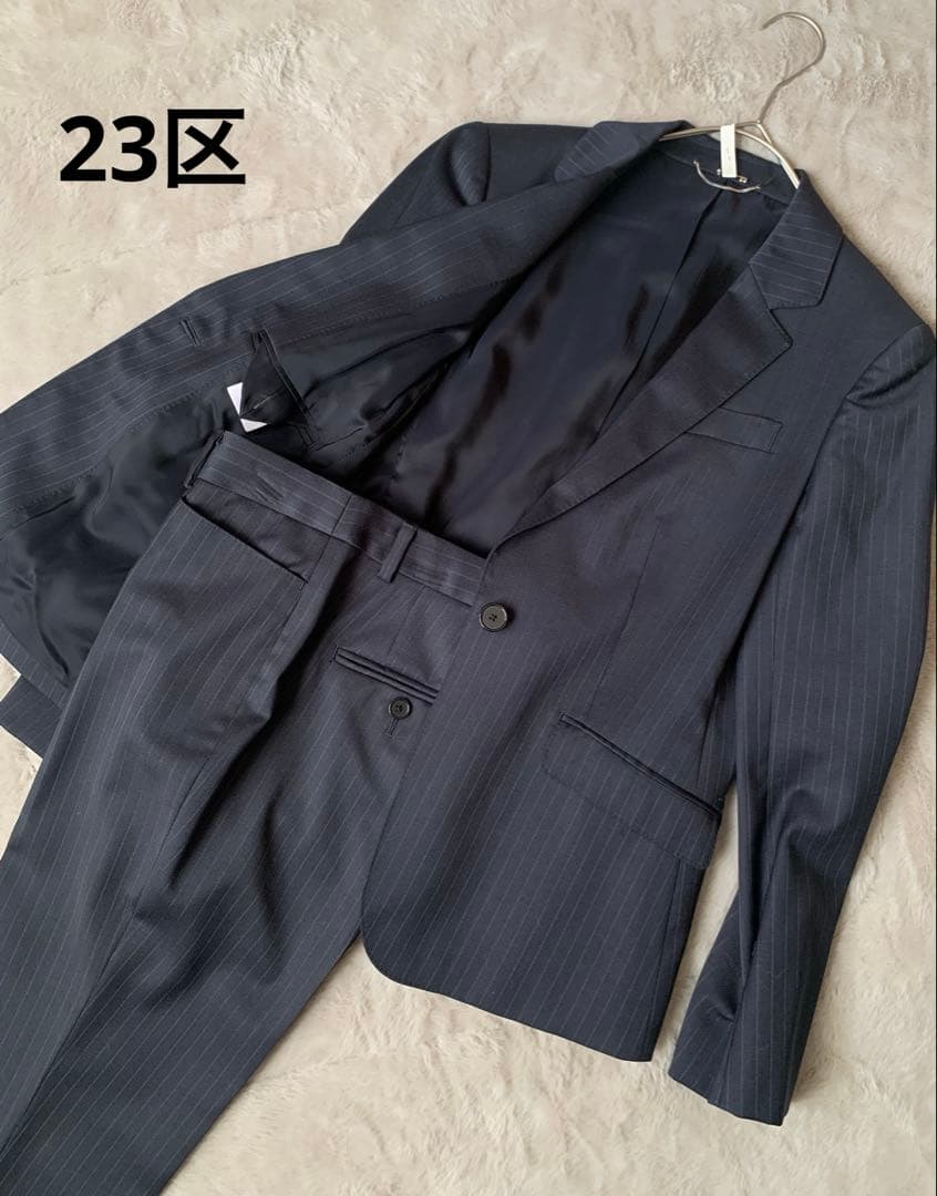 23区　セットアップ　パンツスーツ　ネイビー　ストライプ　総裏　上34下 32