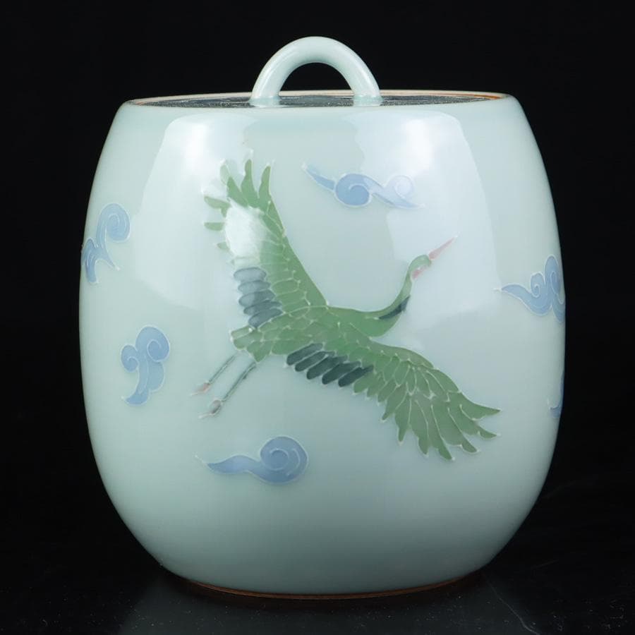 Y3122-29 茶道具 砥部焼 陶詩窯 山下勇 造 鶴文水指 共箱　　さ