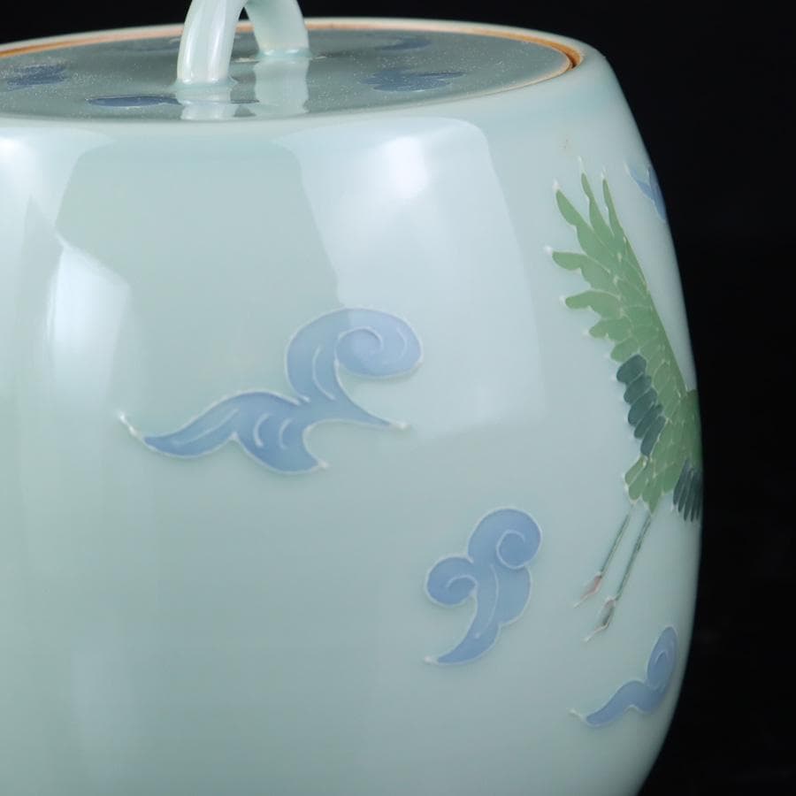 Y3122-29 茶道具 砥部焼 陶詩窯 山下勇 造 鶴文水指 共箱　　さ