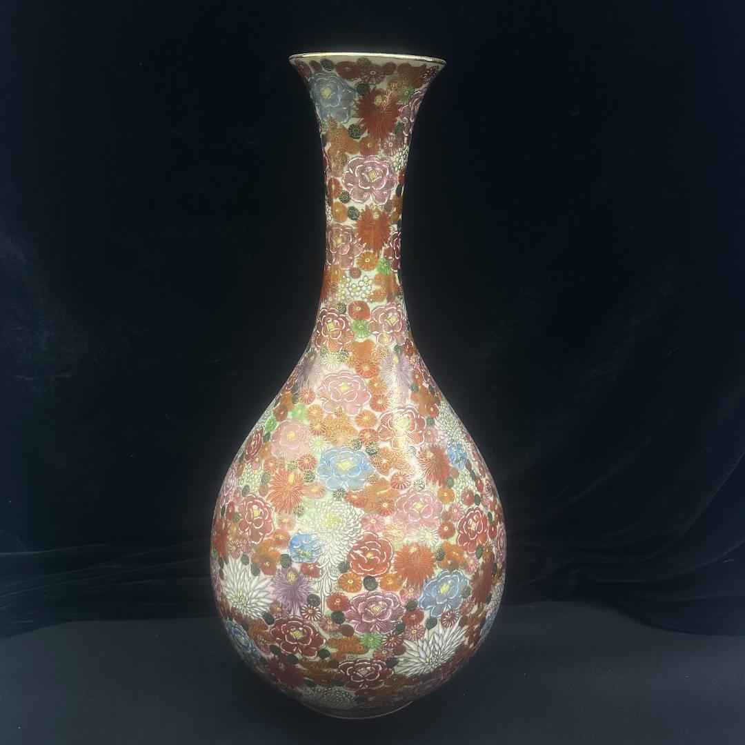薩摩焼　　十字　花瓶　金襴手 金彩色絵花詰文 細密絵付 飾壺