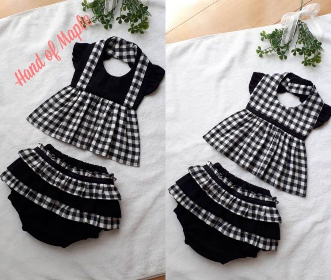 モノクロチェック2点セット♠️吊りスカートワンピース風スタイ&ベビーパンツ