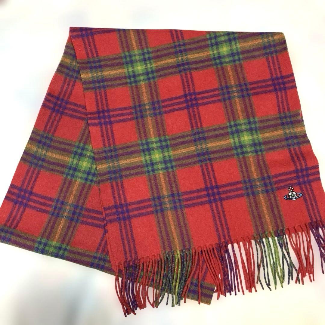 ヴィヴィアンウエストウッド☆赤チェック柄　オーブマフラー　刺繍ロゴ