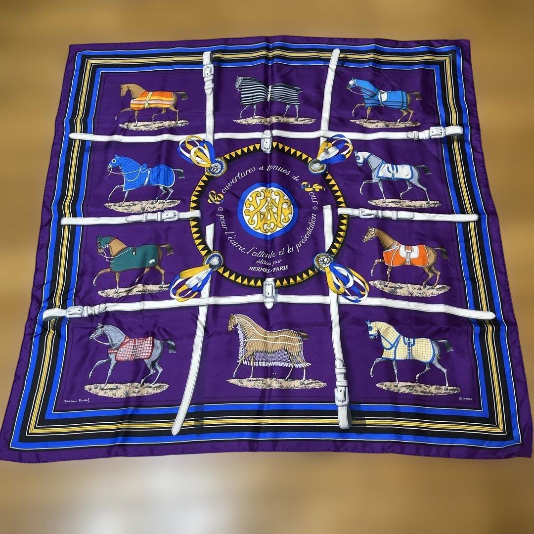エルメス馬デザイン スカーフ 紫色 90cm 未使用